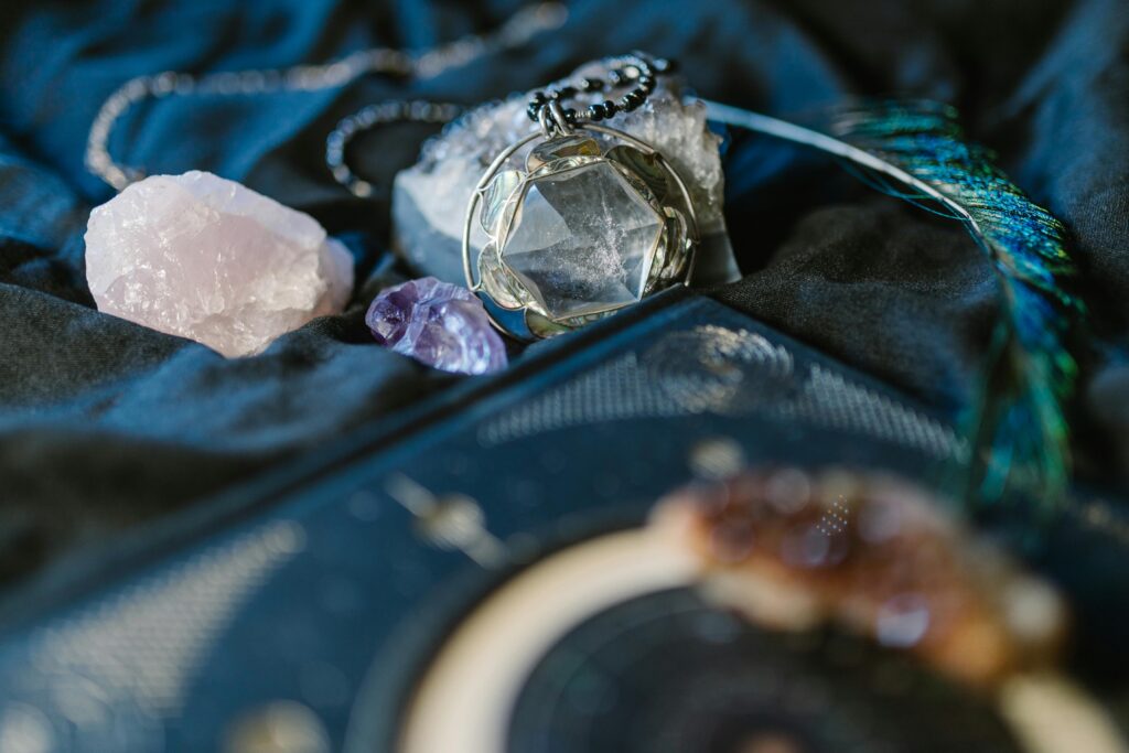 Delicate display of various gemstones and crystals, perfect for spiritual rituals.